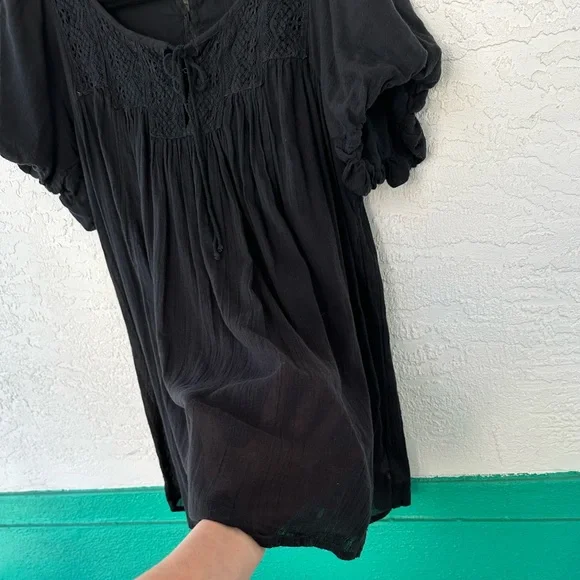 Free People Dress Tunic Small Boho Gauze Puff Sleeve Black Lace Trim - Picture 3 of 9